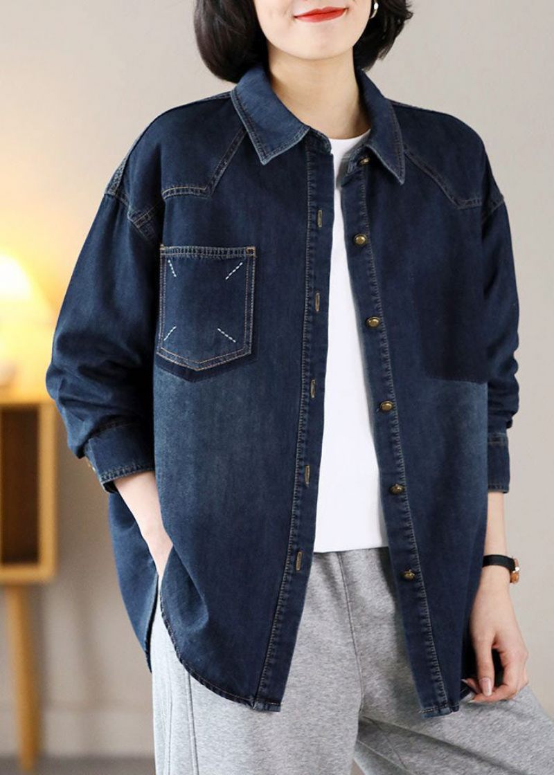 Moderne Marineblå Oversized Broderede Varm Fleece Denim Jakker Forår