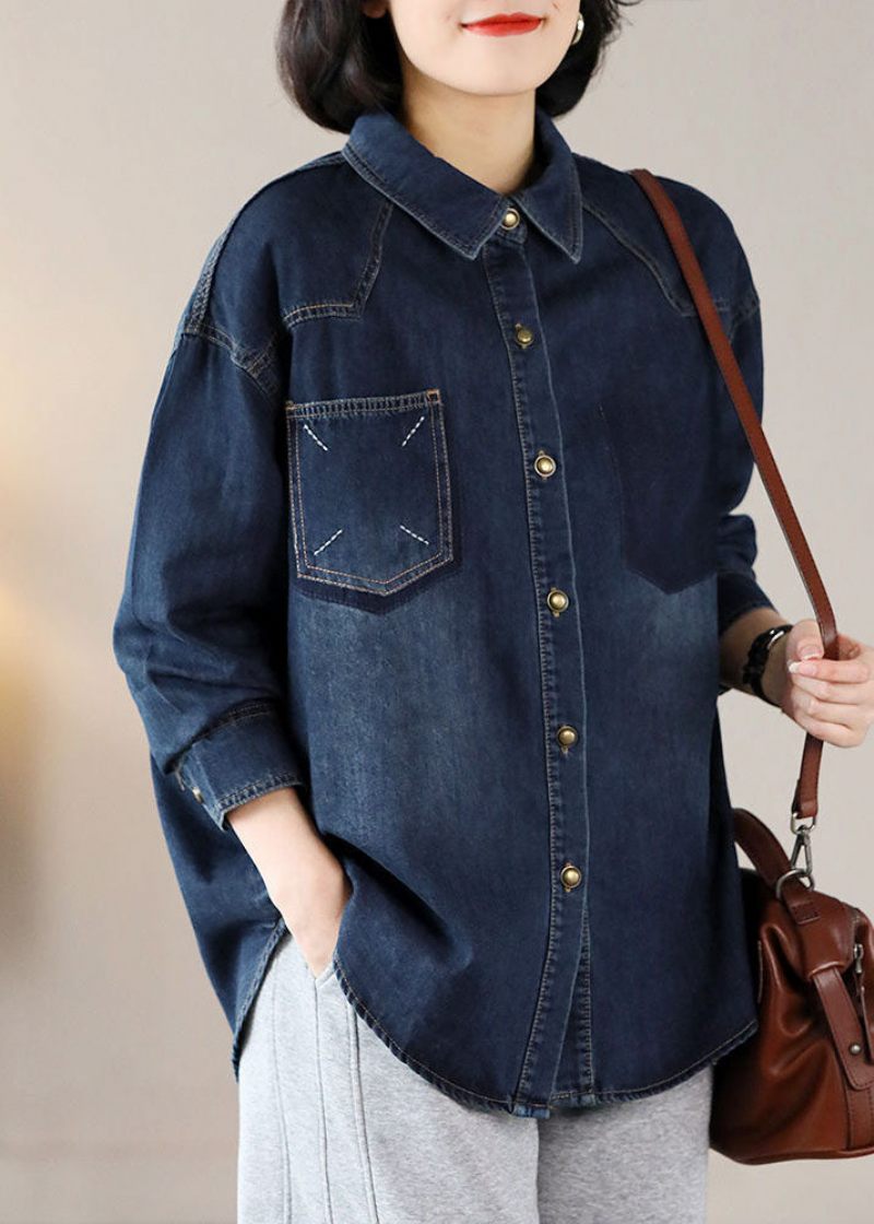 Moderne Marineblå Oversized Broderede Varm Fleece Denim Jakker Forår - Dame vinterfrakker