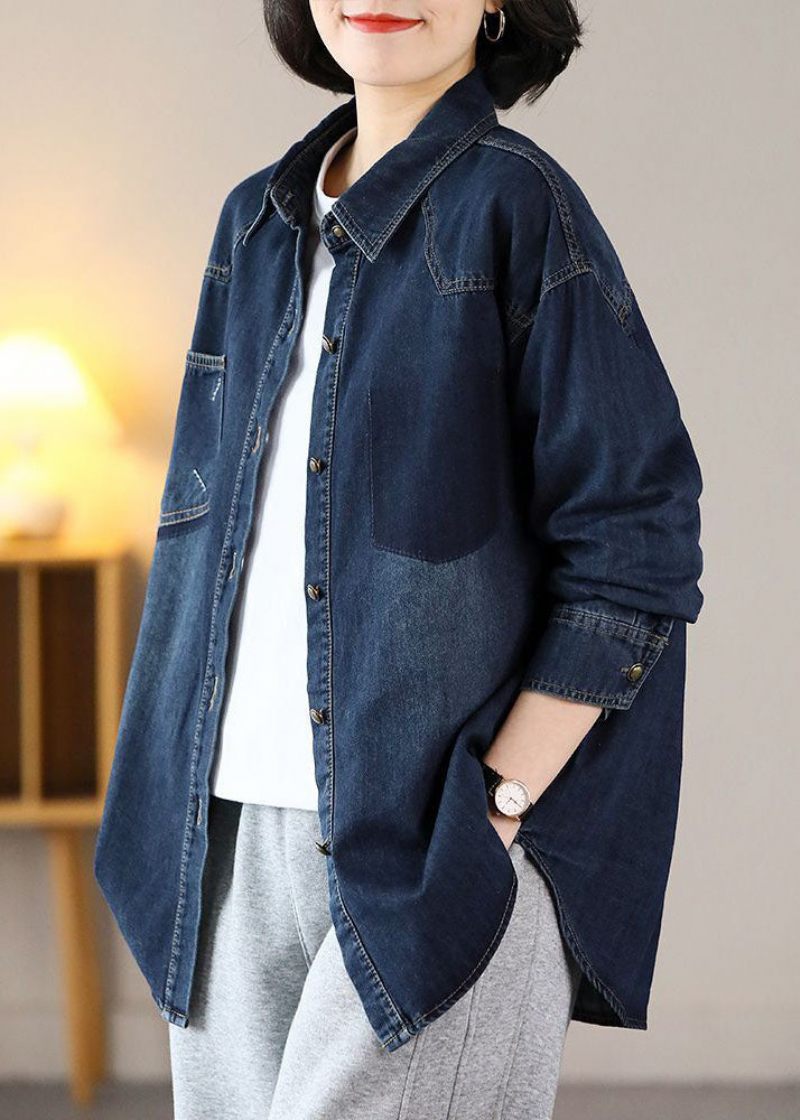 Moderne Marineblå Oversized Broderede Varm Fleece Denim Jakker Forår - Dame vinterfrakker