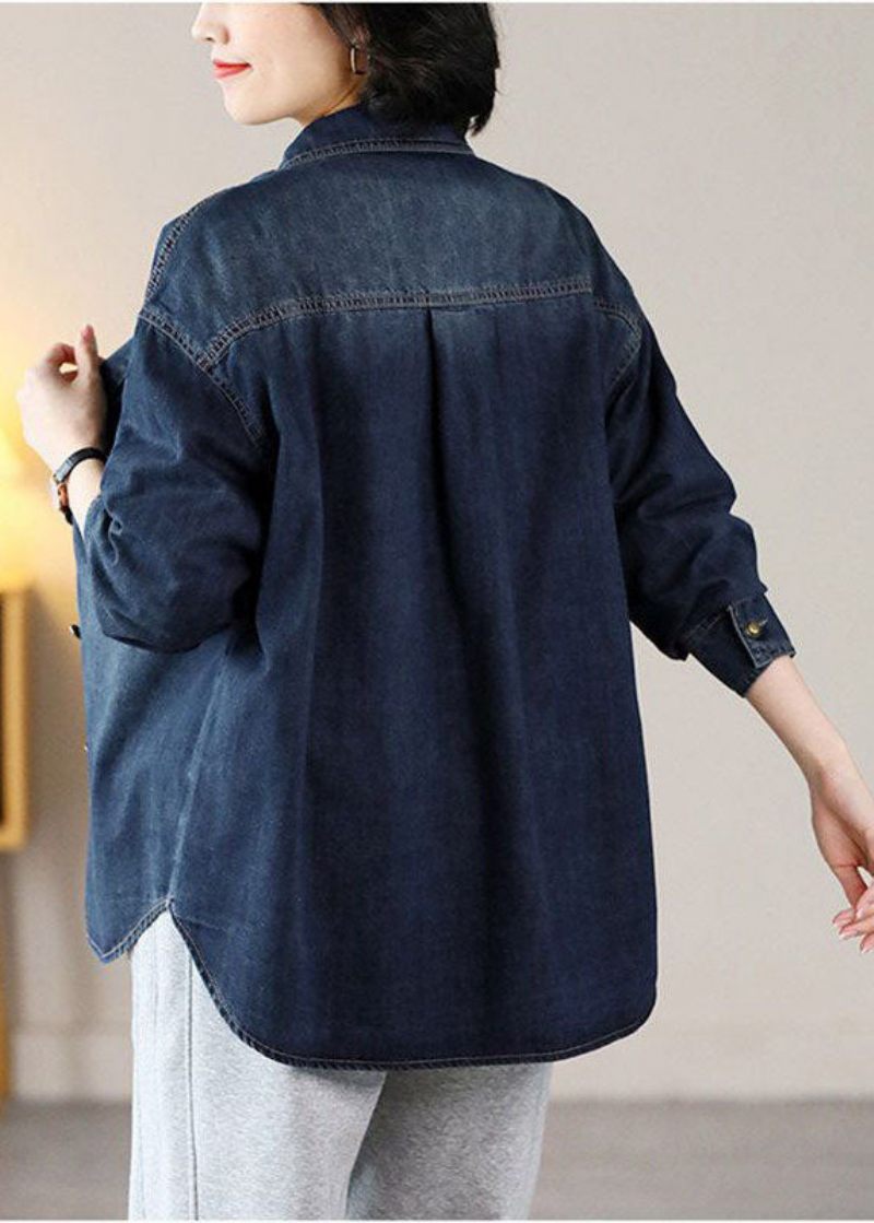 Moderne Marineblå Oversized Broderede Varm Fleece Denim Jakker Forår - Dame vinterfrakker