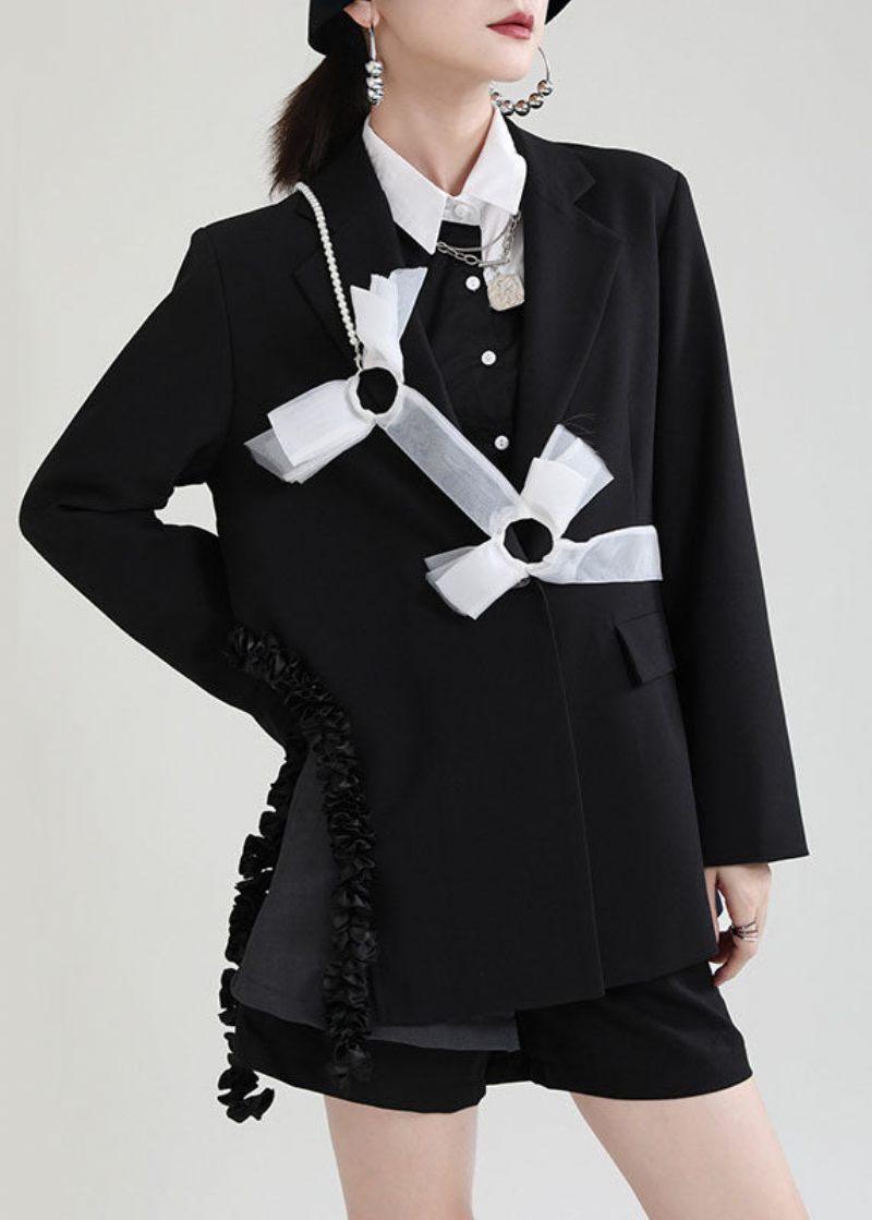 Monteret Sort Peterpan Krave Patchwork Asymmetrisk Design Efterår Langærmet Frakke