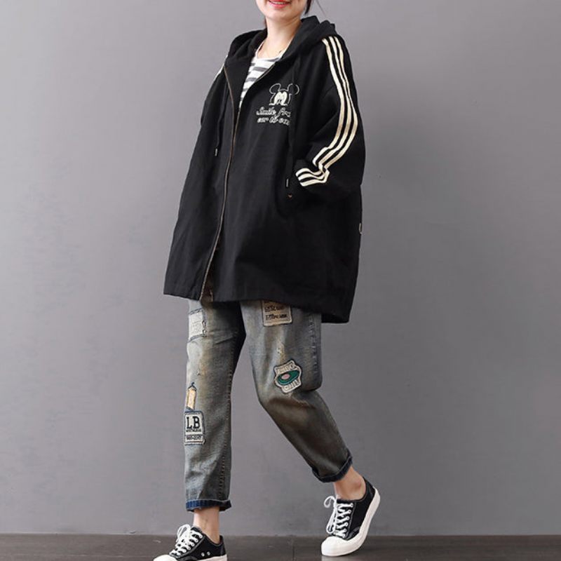 Mørke Sorte Frakker Plus Size Hættecardigans Vintage Lynlås Jakker - Mørk Khaki