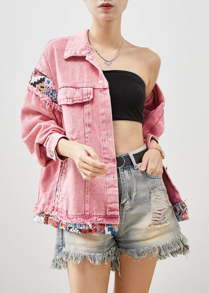 Naturlig Pink Oversized Patchwork Denim Jakker Forår - Dame vinterfrakker