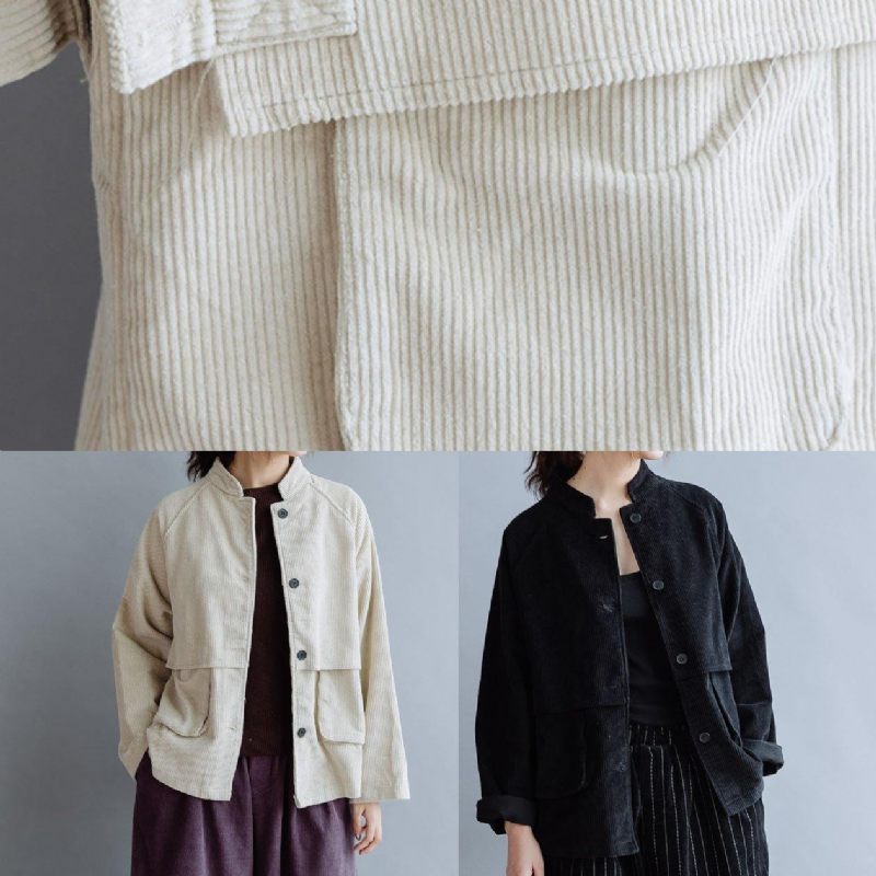 Naturlig Stand Krave Lommer Bomuld Bluse Mønster Beige Toppe Falder - Sort