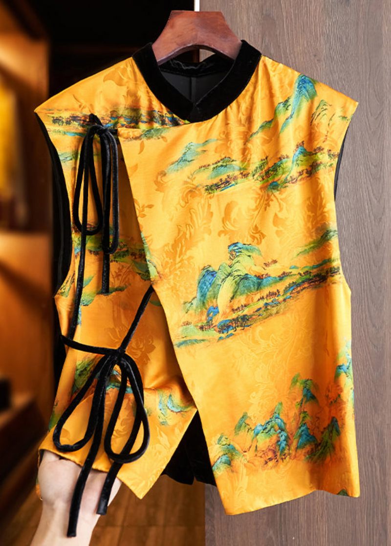 Ny Gul Print Med Snørebånd Patchwork Silkevest Ærmeløs