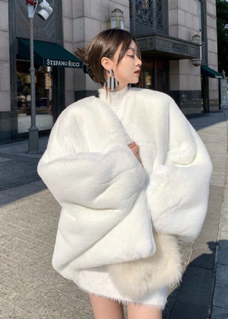 Ny Hvid Massiv V-hals Fuzzy Fur Fluffy Coats Langærmet