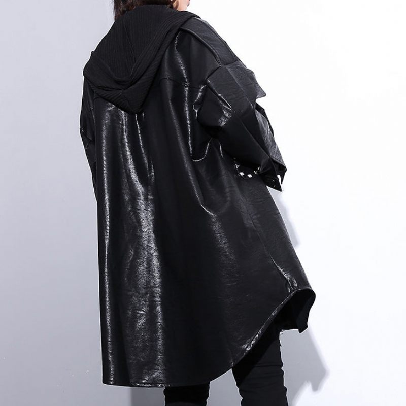 Ny Sort Pu Bluse Oversize Revers Krave Lommer T-shirt Elegant Langærmet Nitte Pu Frakke - Dame vinterfrakker