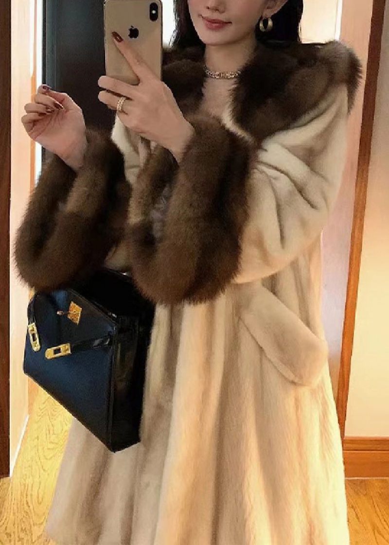 Nye Beige Hættelommer Patchwork Mink Hårfrakker Vinter - Dame vinterfrakker