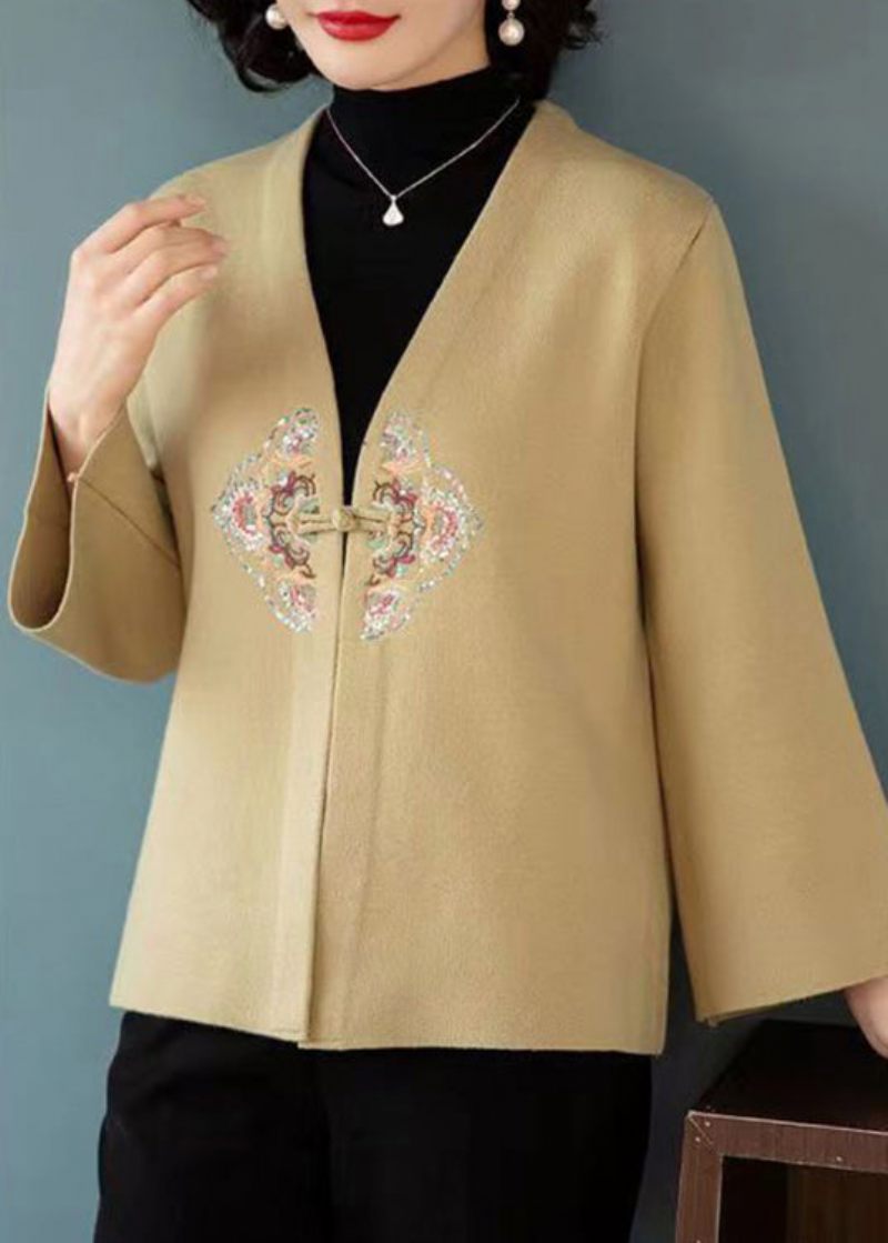 Nye Khaki V-hals Broderet Patchwork Uldfrakker Efterår - Dame vinterfrakker