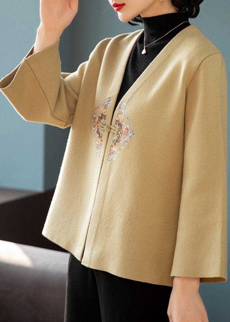 Nye Khaki V-hals Broderet Patchwork Uldfrakker Efterår - Dame vinterfrakker