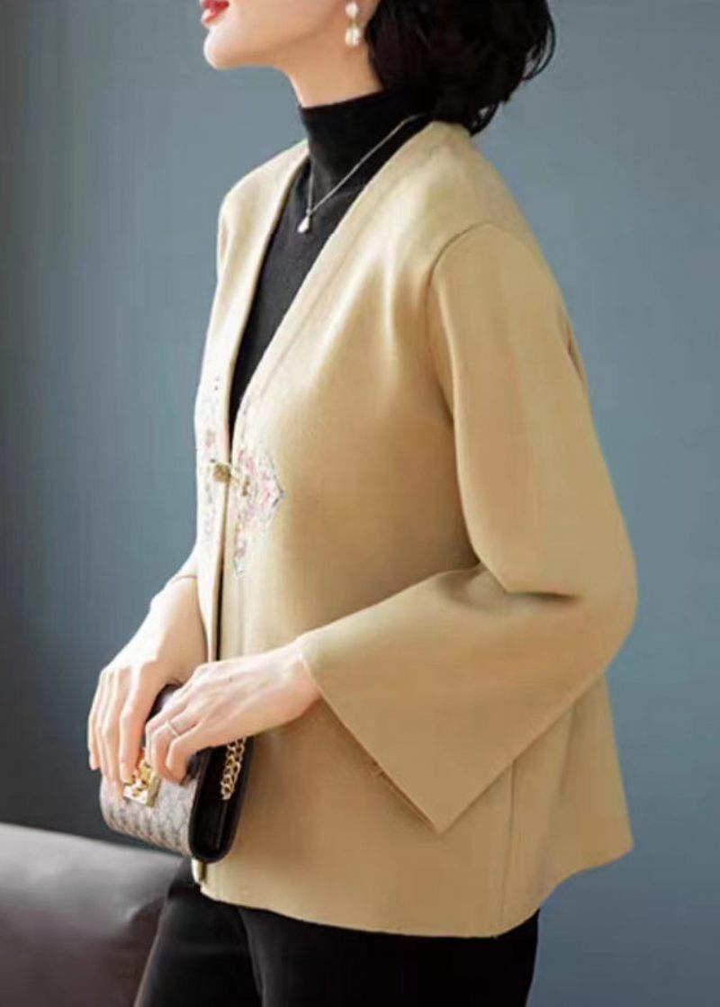 Nye Khaki V-hals Broderet Patchwork Uldfrakker Efterår - Dame vinterfrakker