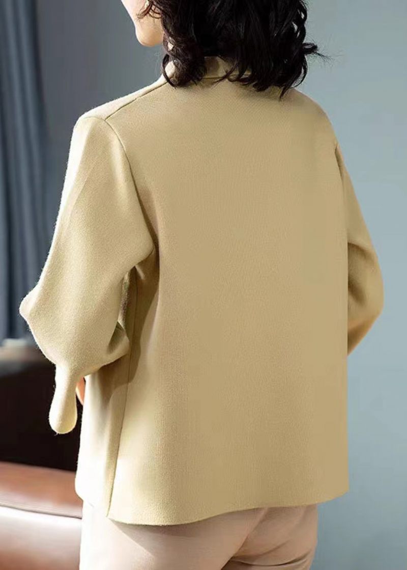Nye Khaki V-hals Broderet Patchwork Uldfrakker Efterår - Dame vinterfrakker