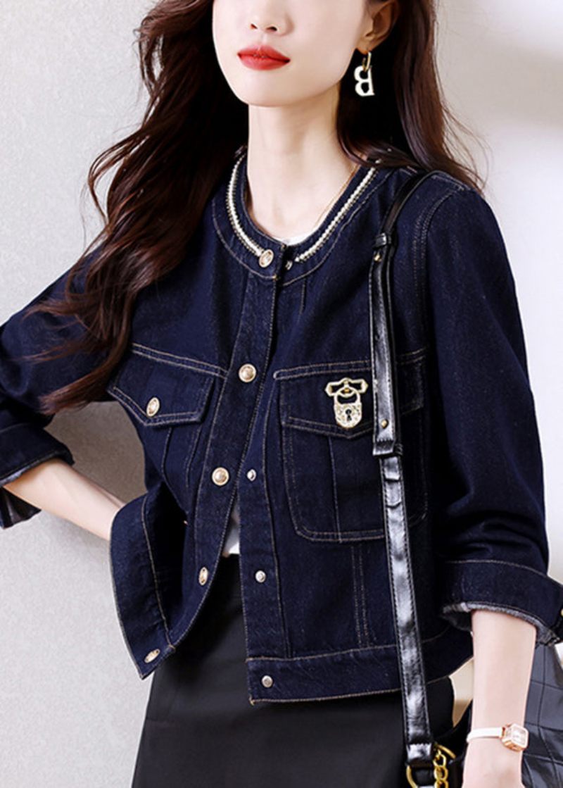 Nyhed Mørkeblå Patchwork Button Denim Frakker Efterår - Dame vinterfrakker