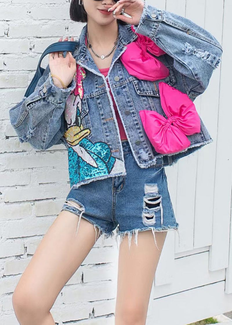 Økologisk Blå Peter Pan Krave Patchwork Pailletter Knap Denim Frakker Efterår - Dame vinterfrakker