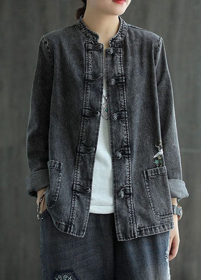 Økologisk Sort Broderet Patchwork Denimfrakker Med Kinesisk Knap Forår - Dame vinterfrakker