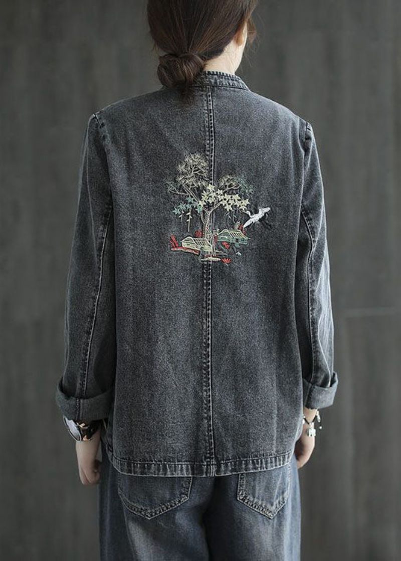 Økologisk Sort Broderet Patchwork Denimfrakker Med Kinesisk Knap Forår - Dame vinterfrakker