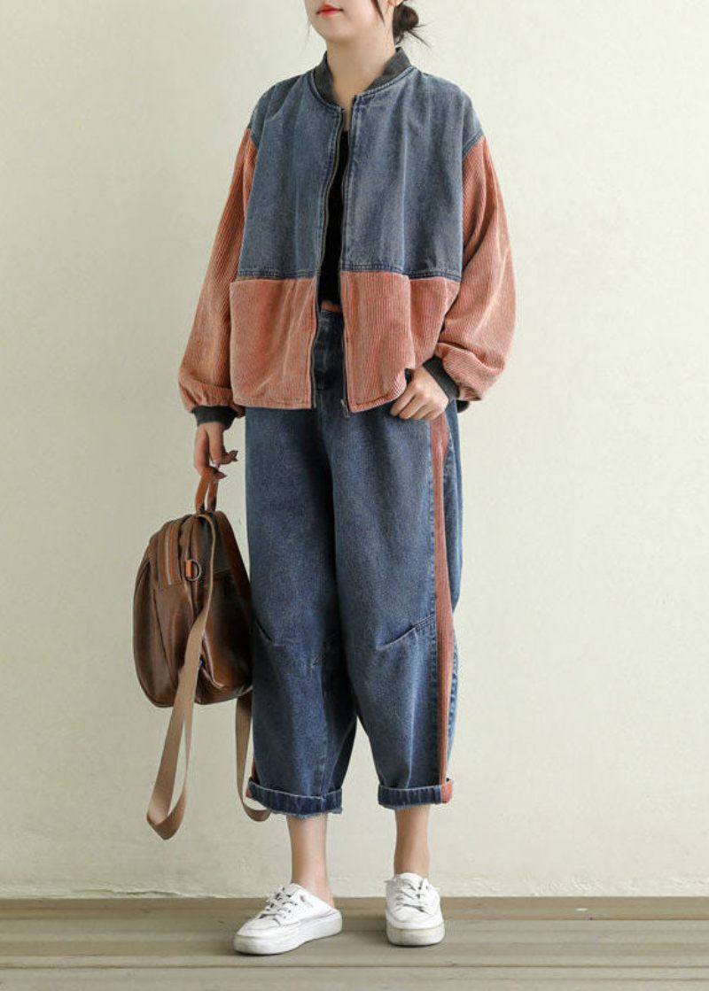 Orange Lommer Patchwork Fløjls Denimjakke Zip Up Spring - Dame vinterfrakker