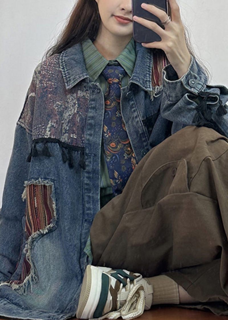 Originale Blå Kvastede Lommer Patchwork Denimjakker Forår - Dame vinterfrakker