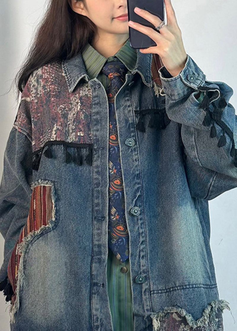 Originale Blå Kvastede Lommer Patchwork Denimjakker Forår - Dame vinterfrakker