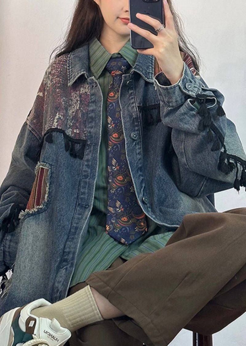 Originale Blå Kvastede Lommer Patchwork Denimjakker Forår - Dame vinterfrakker