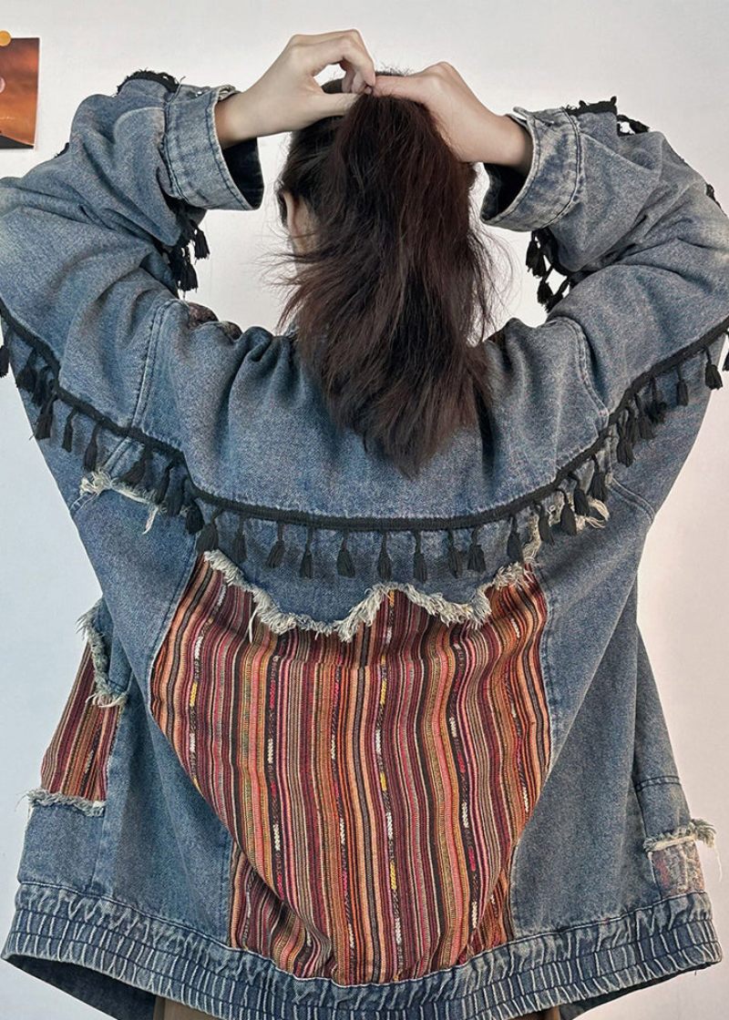 Originale Blå Kvastede Lommer Patchwork Denimjakker Forår - Dame vinterfrakker