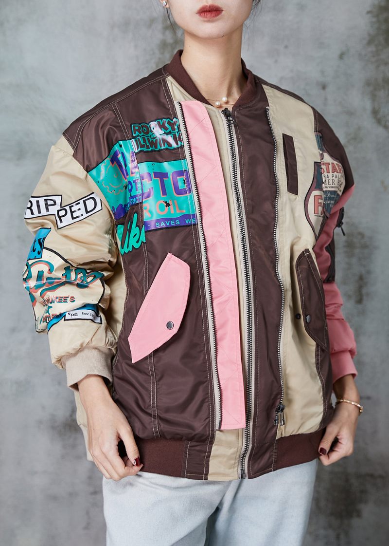 Originalt Design Colorblock Zip Up Patchwork Fine Bomuldsfyldte Frakker Spring - Dame vinterfrakker