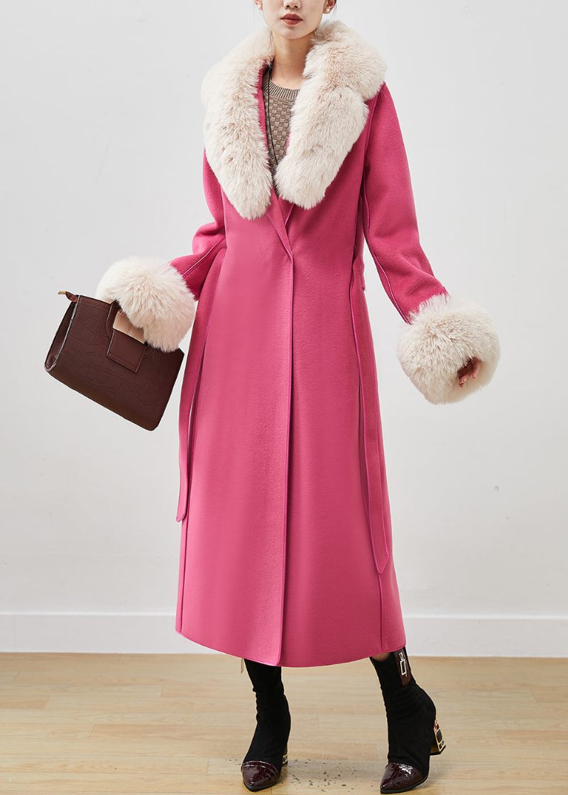 Pink Silm Fit Ulden Frakke Outwear Pelskrave Tie Talje Fall