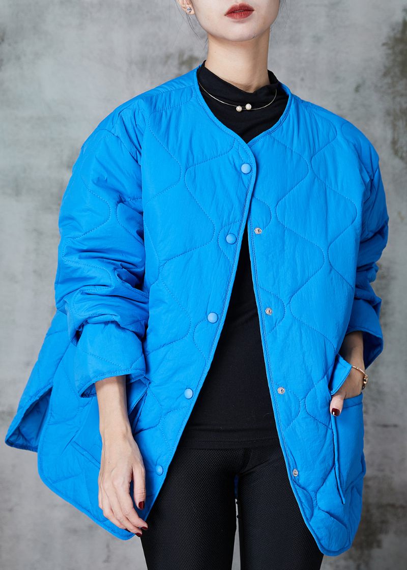 Plus Size Blå Oversized Lommer Fine Bomuld Fyldt Frakker Spring - Dame vinterfrakker