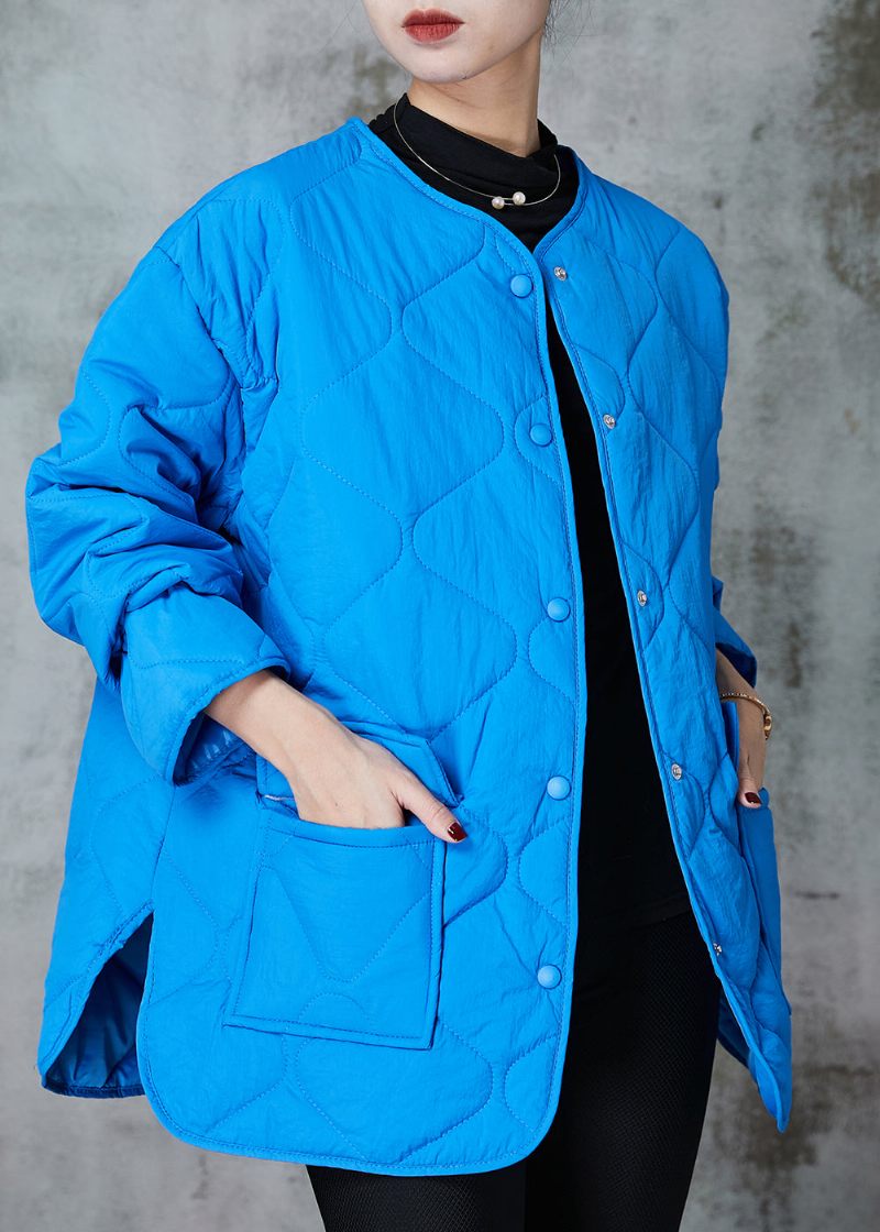 Plus Size Blå Oversized Lommer Fine Bomuld Fyldt Frakker Spring - Dame vinterfrakker