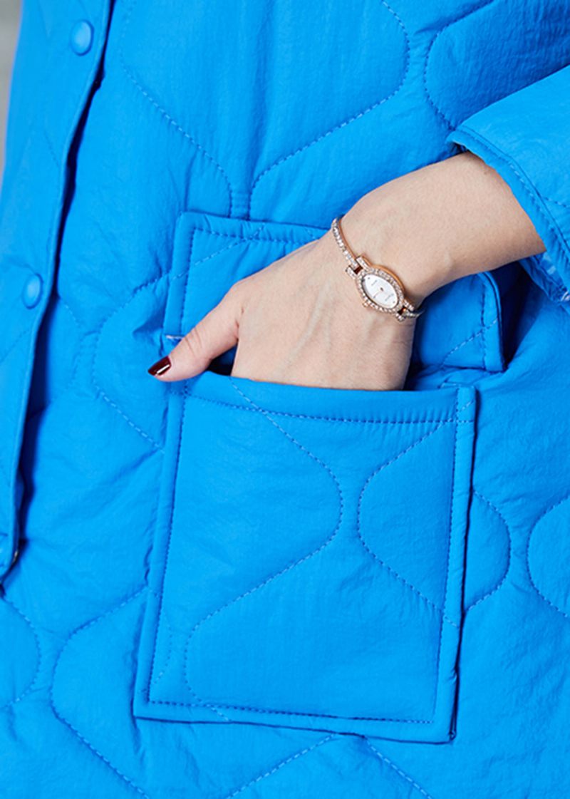 Plus Size Blå Oversized Lommer Fine Bomuld Fyldt Frakker Spring - Dame vinterfrakker