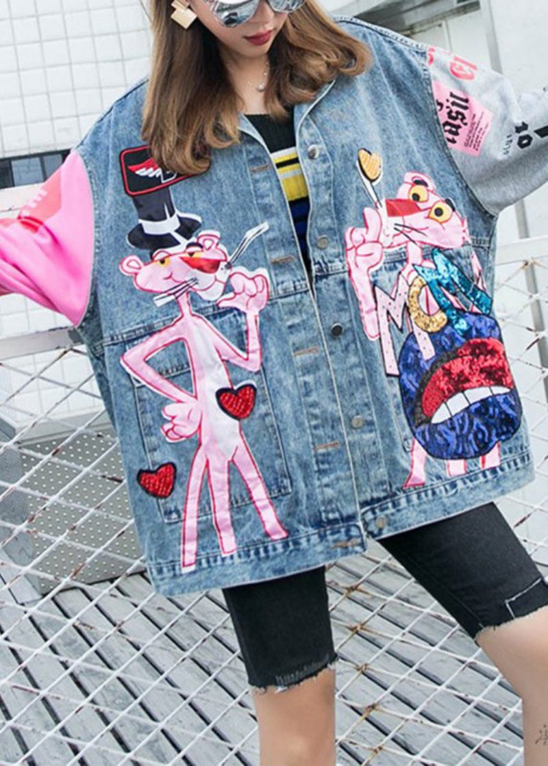 Plus Size Blå Peter Pan Krave Pink Leopardprint Patchwork Pailletter Knap Denim Frakke Langærmet - Dame vinterfrakker