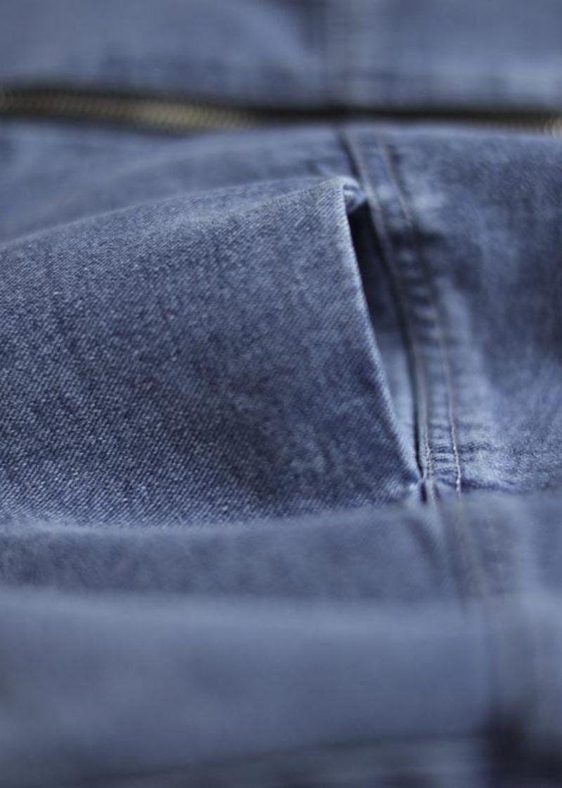 Plus Size Blå Stand Krave Patchwork Bomuld Denim Frakker Efterår - Dame vinterfrakker