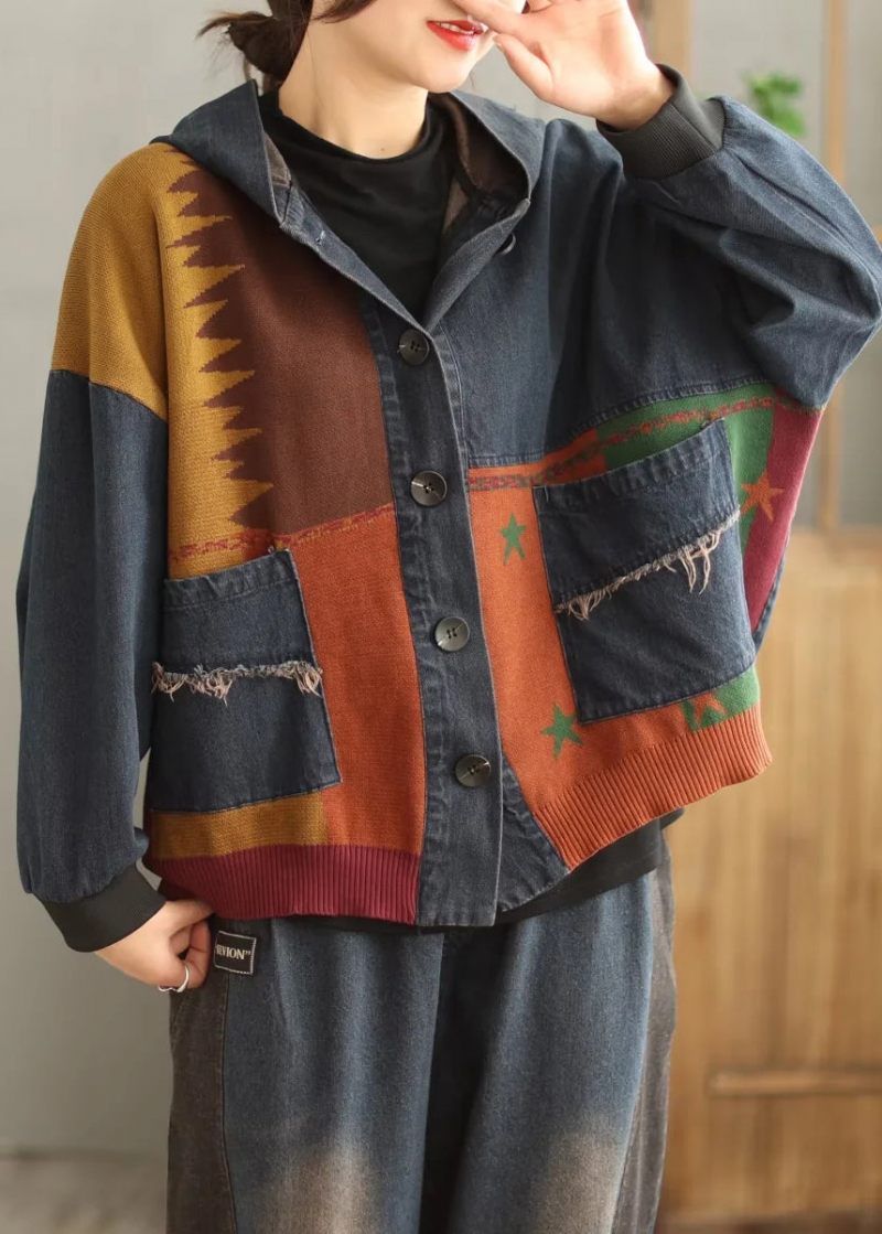 Plus Size Blue Hooded Lommers Patchwork Denim Coat Spring
