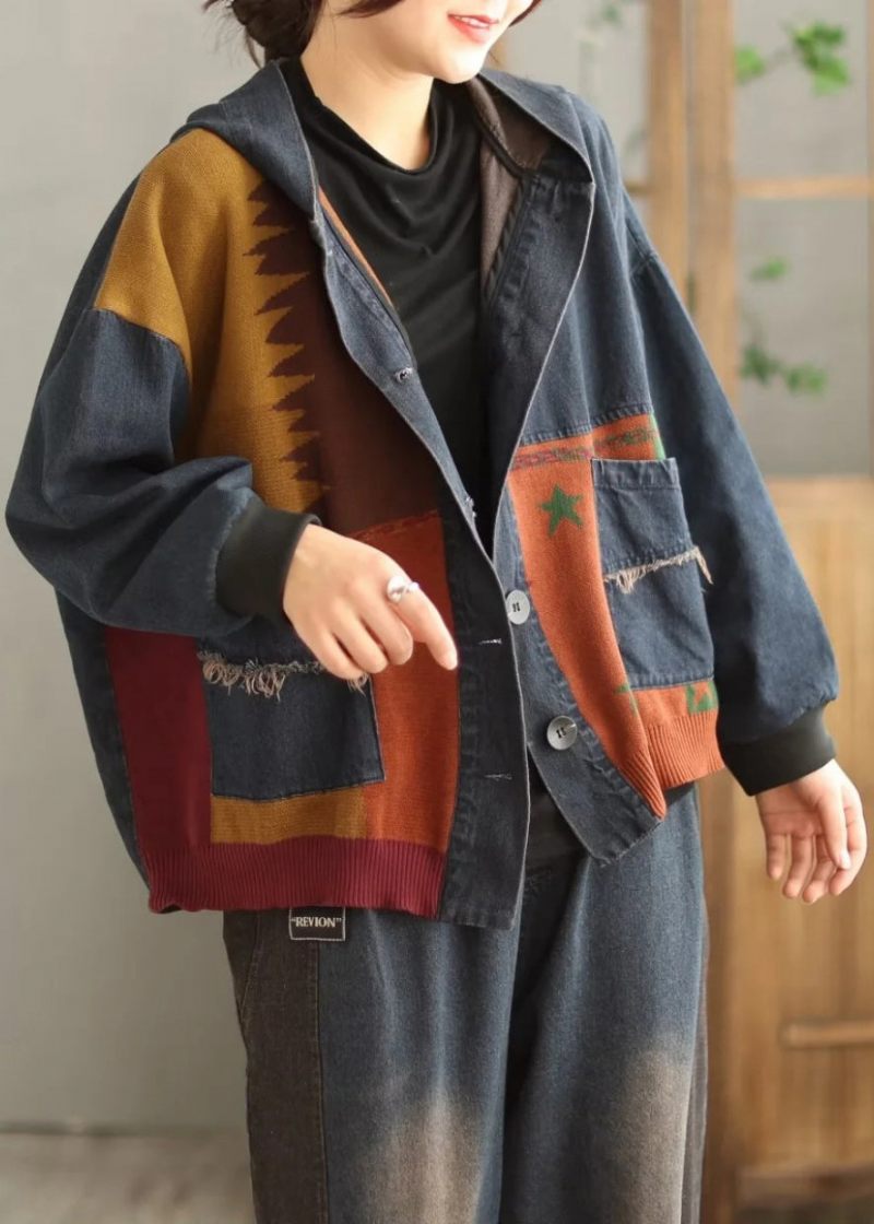 Plus Size Blue Hooded Lommers Patchwork Denim Coat Spring - Dame vinterfrakker