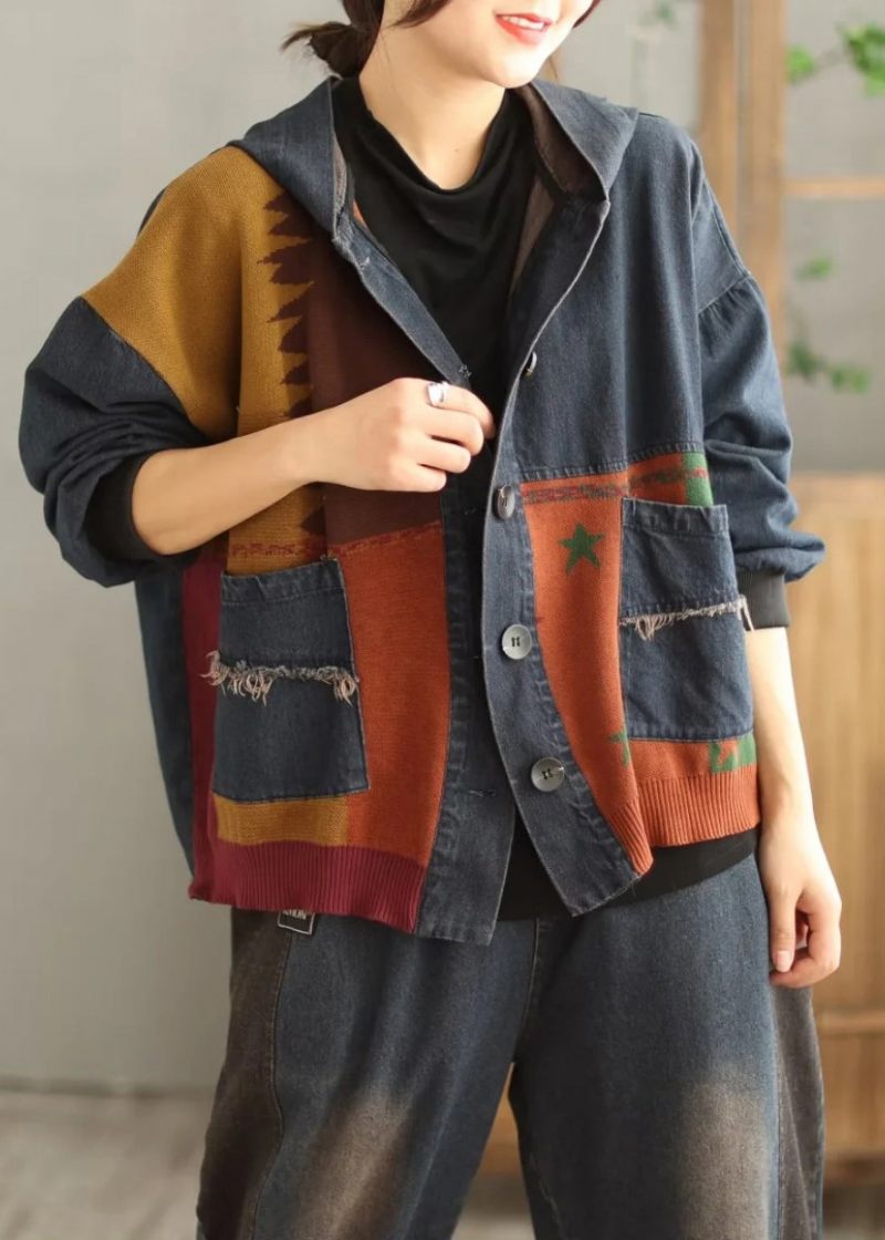 Plus Size Blue Hooded Lommers Patchwork Denim Coat Spring - Dame vinterfrakker