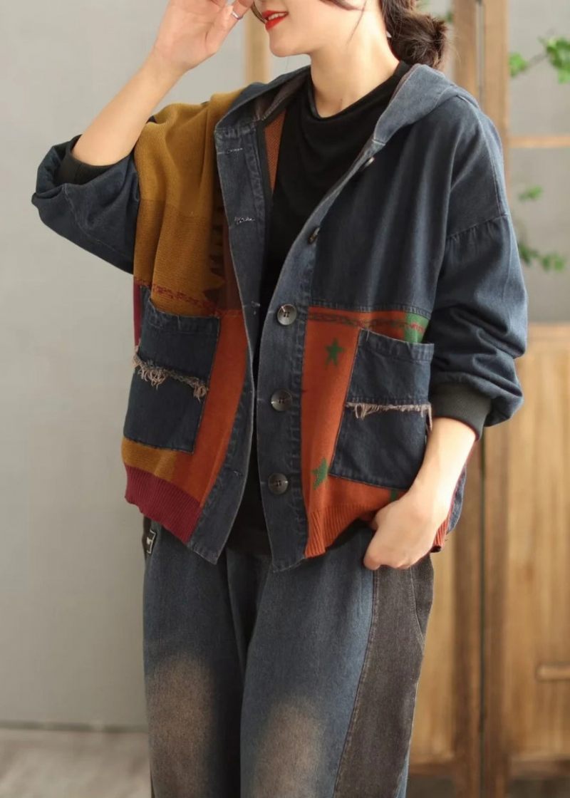 Plus Size Blue Hooded Lommers Patchwork Denim Coat Spring - Dame vinterfrakker