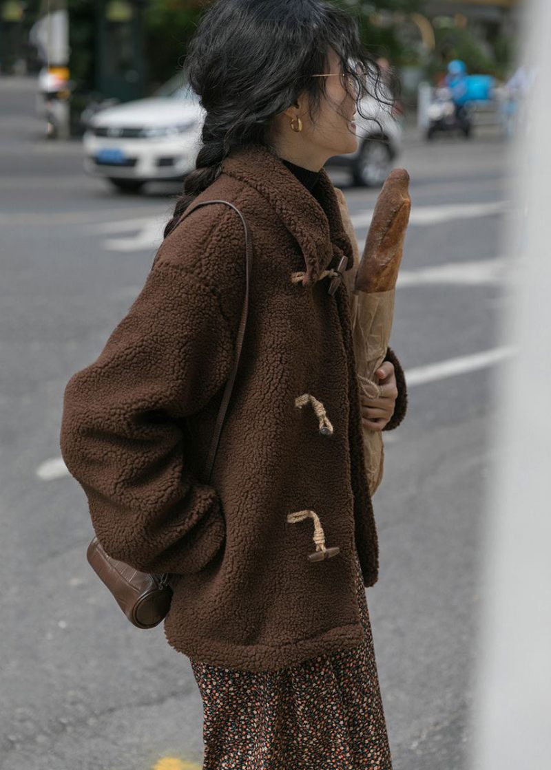 Plus Size Chokolade Horn Knap Tyk Cashmere Teddy Coat Vinter - Dame vinterfrakker