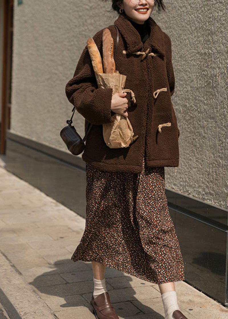 Plus Size Chokolade Horn Knap Tyk Cashmere Teddy Coat Vinter - Dame vinterfrakker
