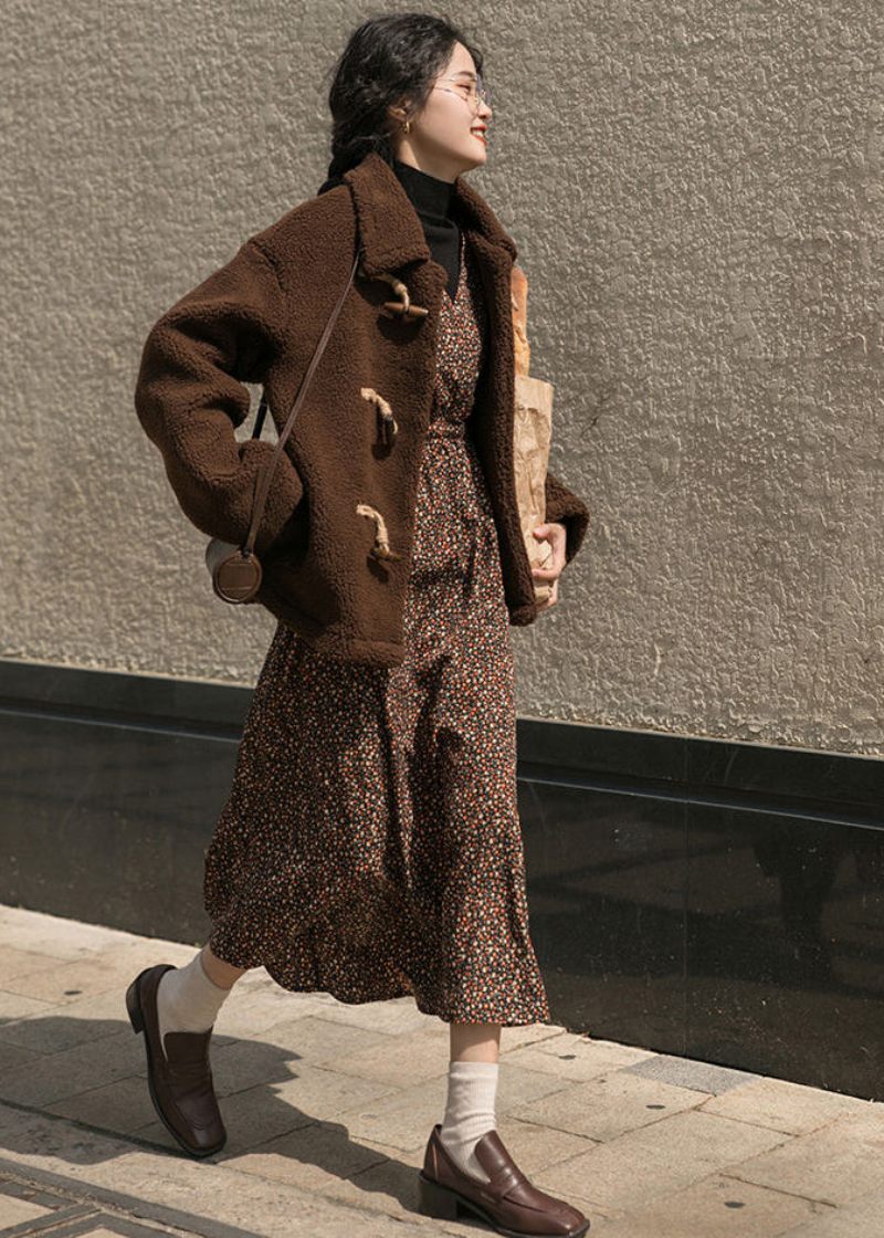 Plus Size Chokolade Horn Knap Tyk Cashmere Teddy Coat Vinter - Dame vinterfrakker