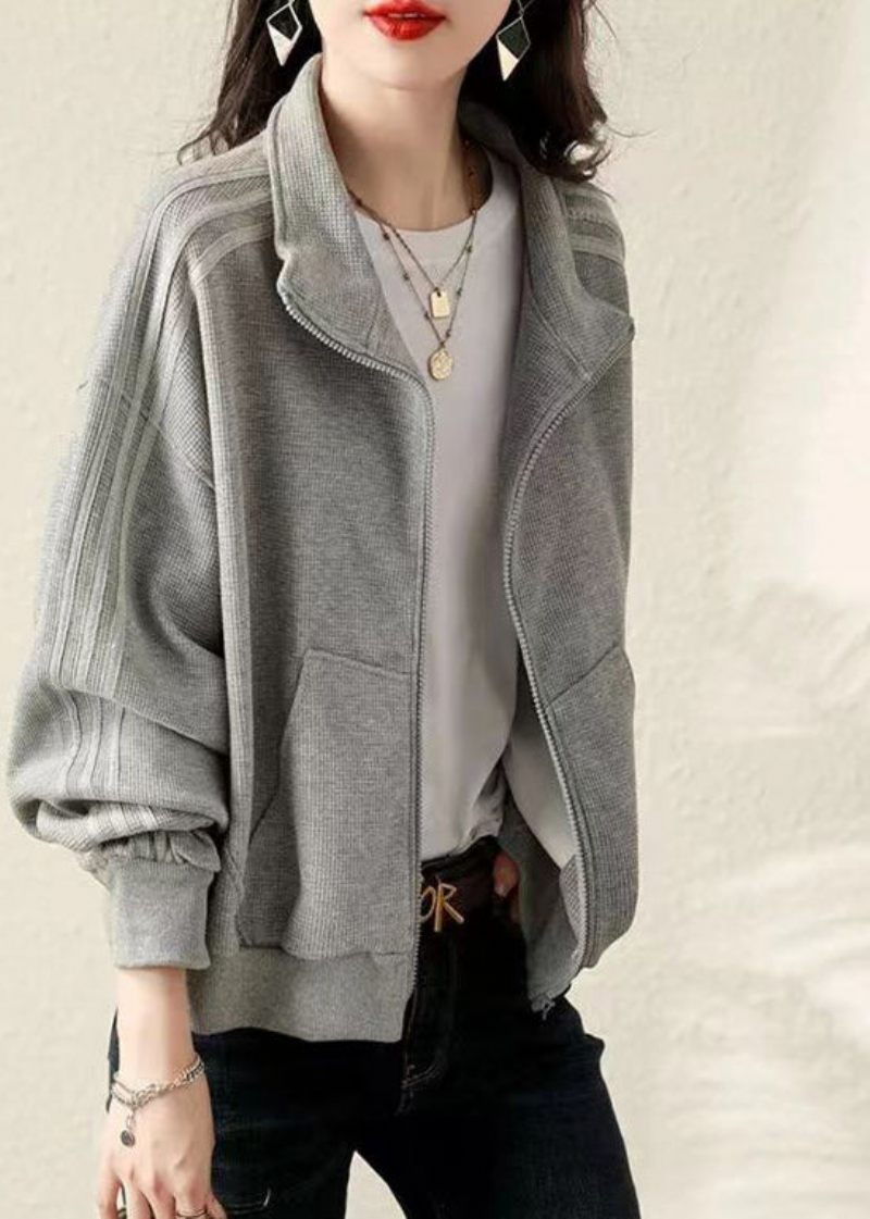 Plus Size Grå Oversized Bomuld Sweatshirt Frakke Fall