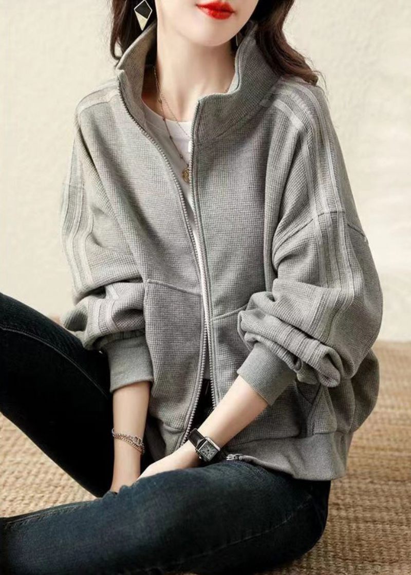 Plus Size Grå Oversized Bomuld Sweatshirt Frakke Fall - Dame vinterfrakker