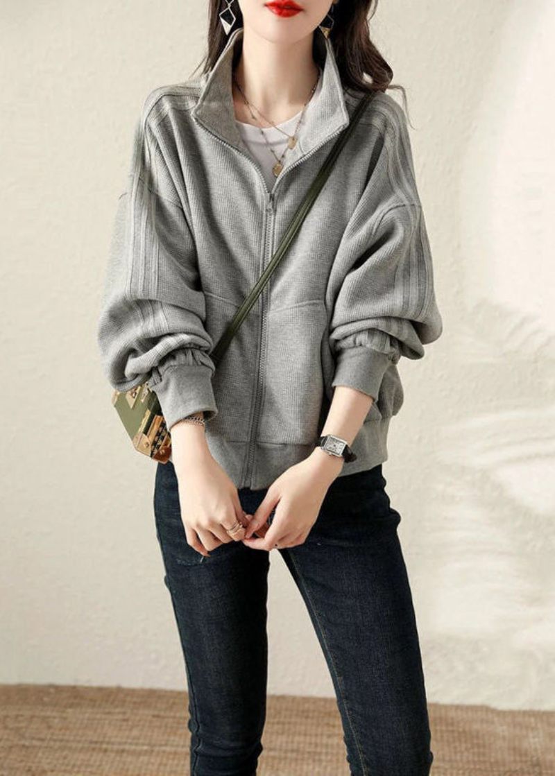 Plus Size Grå Oversized Bomuld Sweatshirt Frakke Fall - Dame vinterfrakker