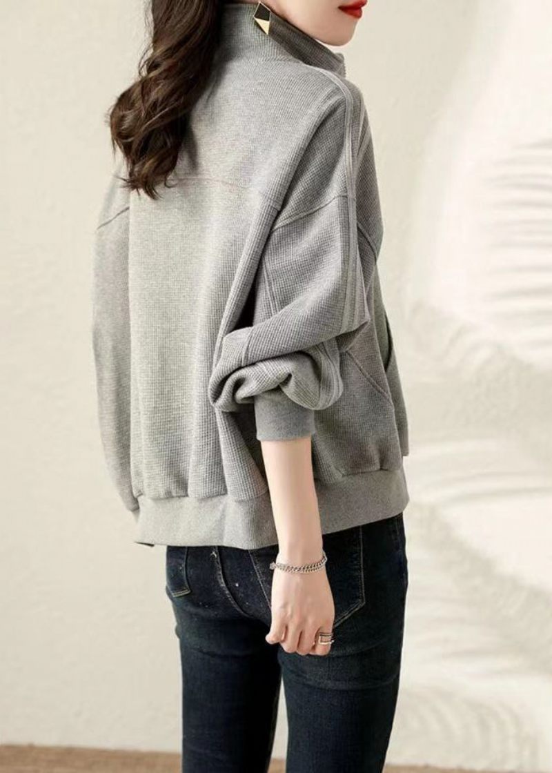 Plus Size Grå Oversized Bomuld Sweatshirt Frakke Fall - Dame vinterfrakker