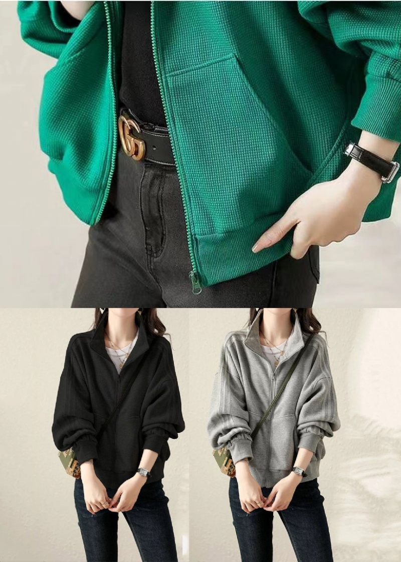 Plus Size Grå Oversized Bomuld Sweatshirt Frakke Fall - Dame vinterfrakker