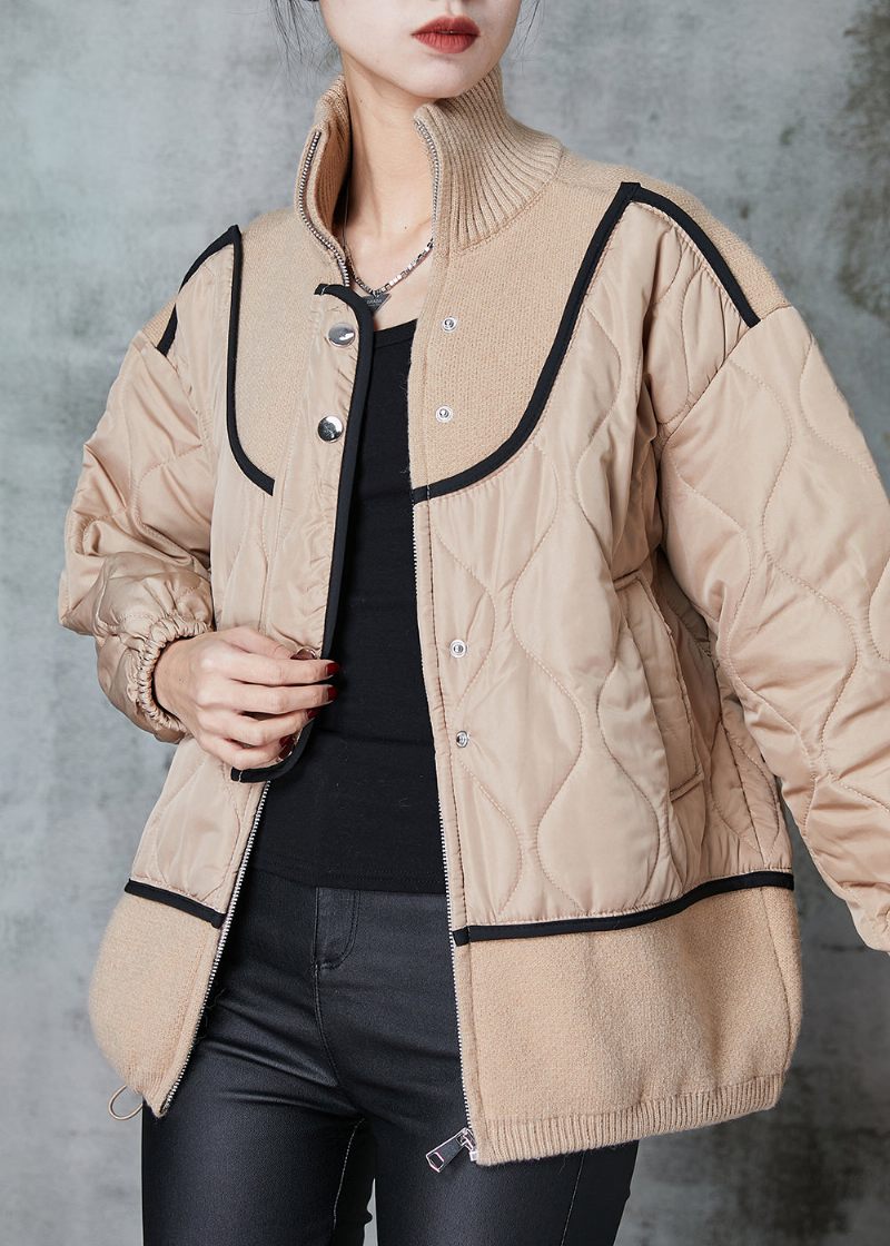 Plus Size Khaki Stand Krave Patchwork Strik Fin Bomuld Fyldt Frakker Forår
