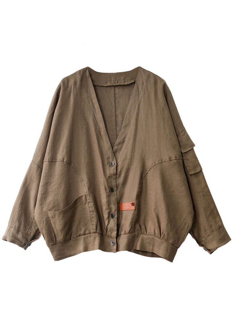 Plus Size Khaki V-hals Løs Knap Fall Langærmet Jakke - Rød
