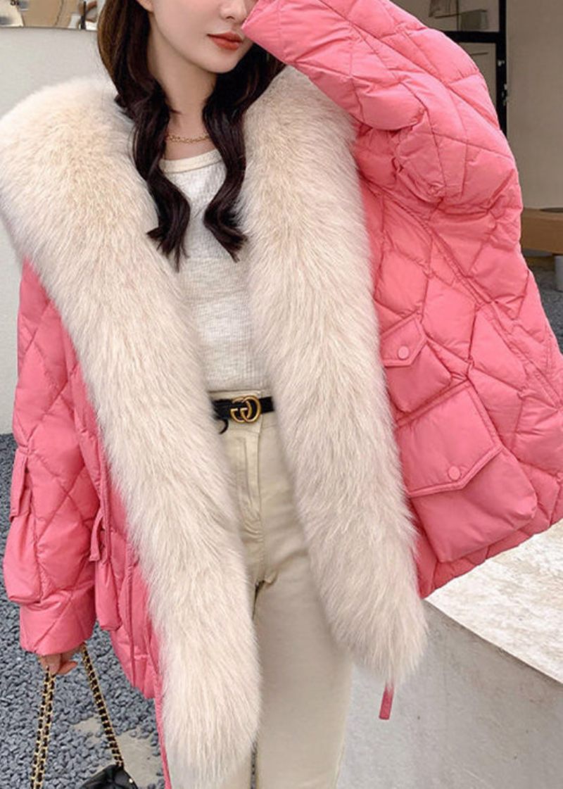 Plus Size Pink Pelskrave Lommer Plaid Patchwork Parka Langærmet