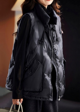 Plus Size Sorte Broderede Lynlåslommer Andedun Vest Uden Ærmer