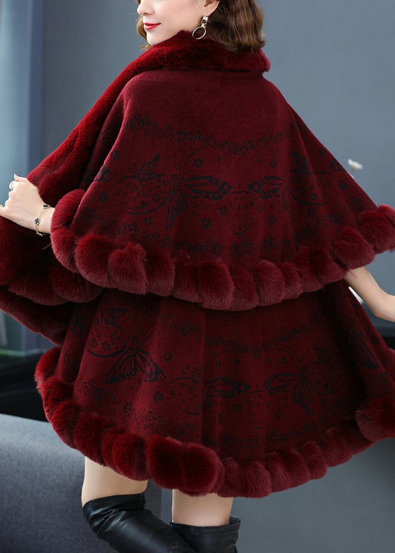 Plus Size Vinrød Pelskrave Print Patchwork Ulden Frakke Efterår - Dame vinterfrakker