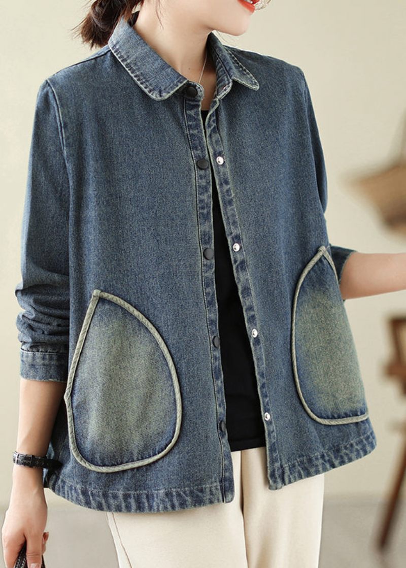 Retro Denim Blå Lommer Patchwork Frakker Forår - Dame vinterfrakker